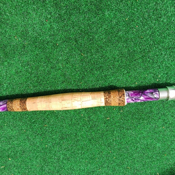 Flyrod handle with aluminum reel seat, acrylic insert, butt cap and trim piece and AAA grip with burl trim rings included.