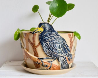 Custom Crow Ceramic Planter-Handmade Ceramic Planter-Bird Planter-Interior Planter Pot-Custom Crow Planter Pot-Indoor Ceramic Planter-Crows