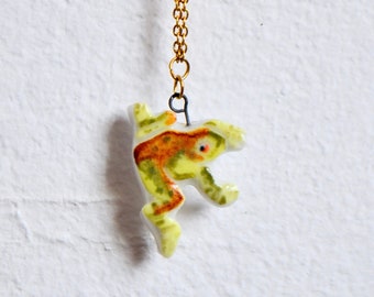 Handmade Porcelain Frog Charm Necklace-Ceramic Charm Jewelry-Frog Charms-Frog Necklace-Custom Ceramic Jewelry-Frog Nature Ceramic Charm