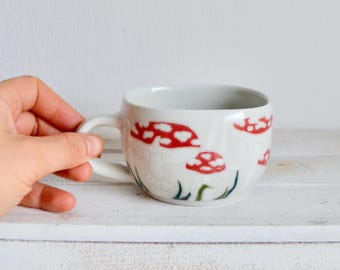 Handmade Porcelain Ceramic Mug-Pottery Red Mushroom Mug-Coffee Mug-Fly Agaric Custom Ceramic Mug-Amanita Ceramic Mug-Mushroom Pottery
