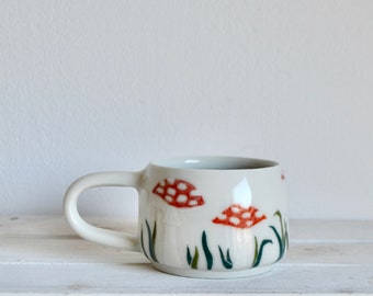 Handmade Porcelain Ceramic Mug-Pottery Red Mushroom Mug-Coffee Mug-Fly Agaric Custom Ceramic Mug-Amanita Ceramic Mug-Mushroom Pottery