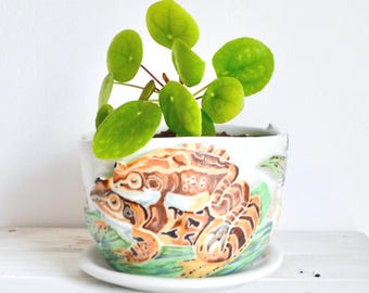 Ręcznie robiona ceramiczna doniczka: kolorowa żaba i dekoracja