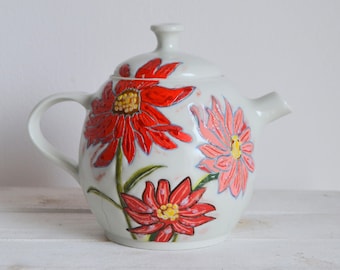 Custom Porcelain Flower Teapot-Handmade Pottery Teapot-Red Flower Ceramics-Functional Pottery Teapot-Porcelain Red Poppy Flower Teapot