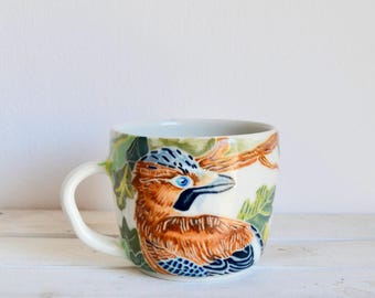 Custom Bird Ceramic Mug-Eurasian Jay Crow Art-Original Ceramic Bird Mug-Custom Crow Pottery Mug-Porcelain Ceramic Mug-Porcelain Coffee Mug
