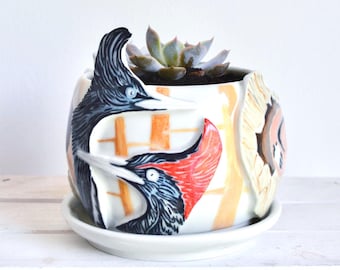 Ceramiczna doniczka z ptakiem na zamówienie - Ręcznie robiona ceramiczna doniczka - Doniczka z ptakiem - Doniczka do wnętrz - Sztuka dzięcioła - Ceramiczna doniczka do wnętrz - Ptaki
