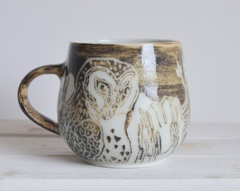 Custom Owl Ceramic Mug-Handmade Porcelain Cup-Owl Pottery Mug-Coffee Mug-Bird Art-Nature Owl Pottery Cup-Custom Ceramic-Unique Pottery Mug