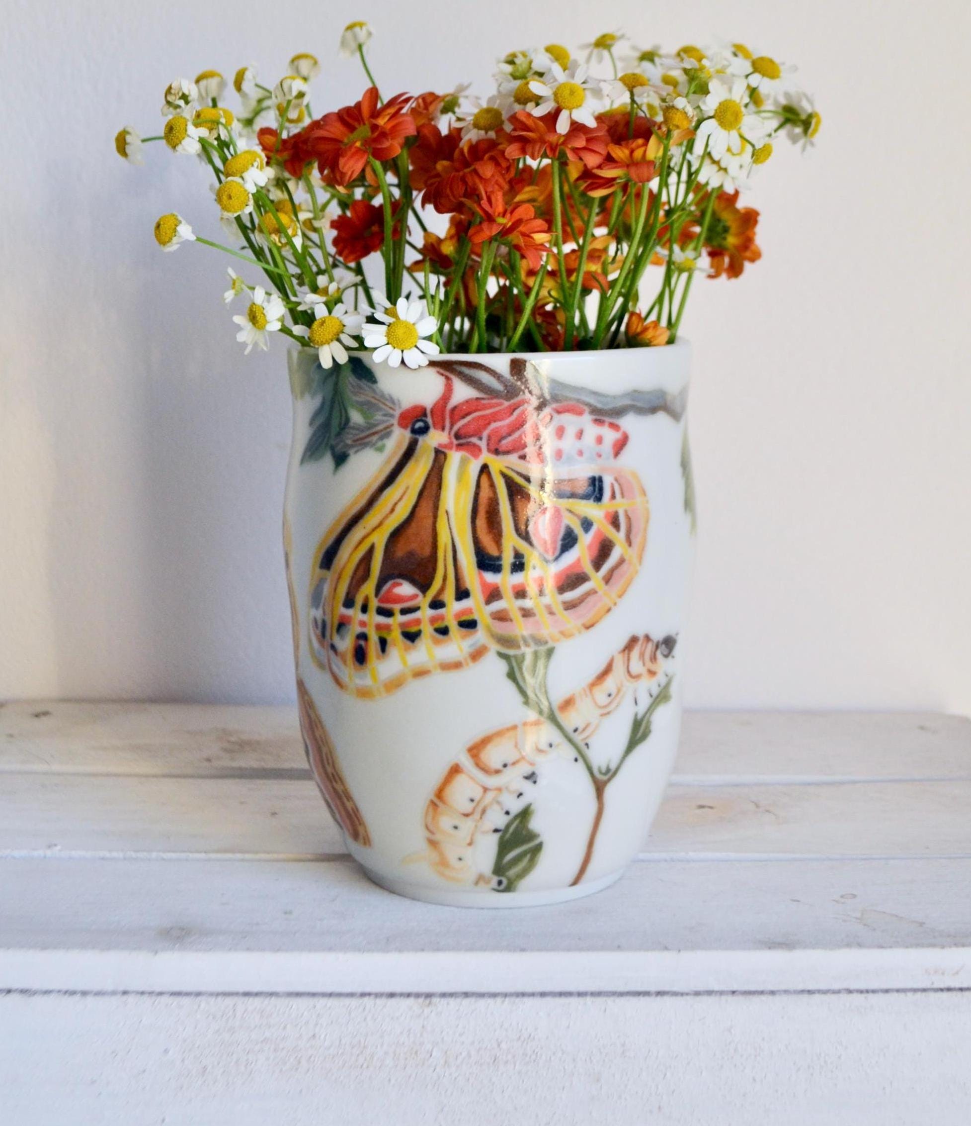 Porcelain Flower Vase-Handmade Ceramic-Butterfly Art Vase-Custom Insect Decor Vase-Pottery Vase-Bug and Nature Pottery-Butterfly Moth Design