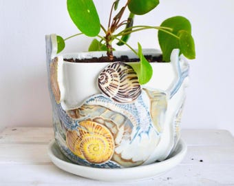 Ręcznie robiona ceramiczna doniczka do domu – sztuka leśna – dekoracja ślimakowa – ceramiczna doniczka na parapet – doniczki na sukulenty – ceramika naturalna – doniczka na zamówienie