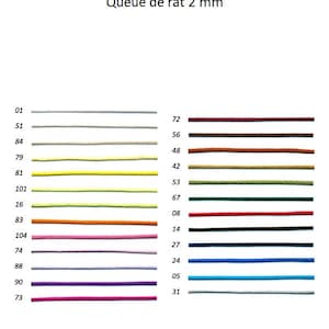 May include: A chart showing 20 different colors of 2 mm rattail cord. The colors are arranged in two columns with numbers next to each color.