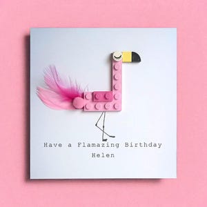 Personalised Lego Inspired Flamingo Birthday Card. Handmade Quirky Unique Fun Gift Keepsake