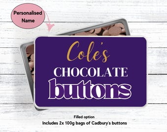 Personalised BUTTONS tin / Birthday /Easter /Valentine /Thinking of you / celebration / Stocking Filler /Secret Santa /Chocolate lover gift