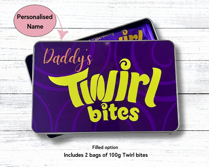 May include: A purple and yellow tin with the text "Daddy's Twirl Bites" on it. The tin is filled with two bags of 100g Twirl bites.