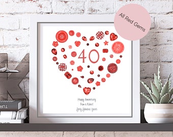 40th RUBY WEDDING ANNIVERSARY personalised button picture/any year/60th/diamond/emerald/25th