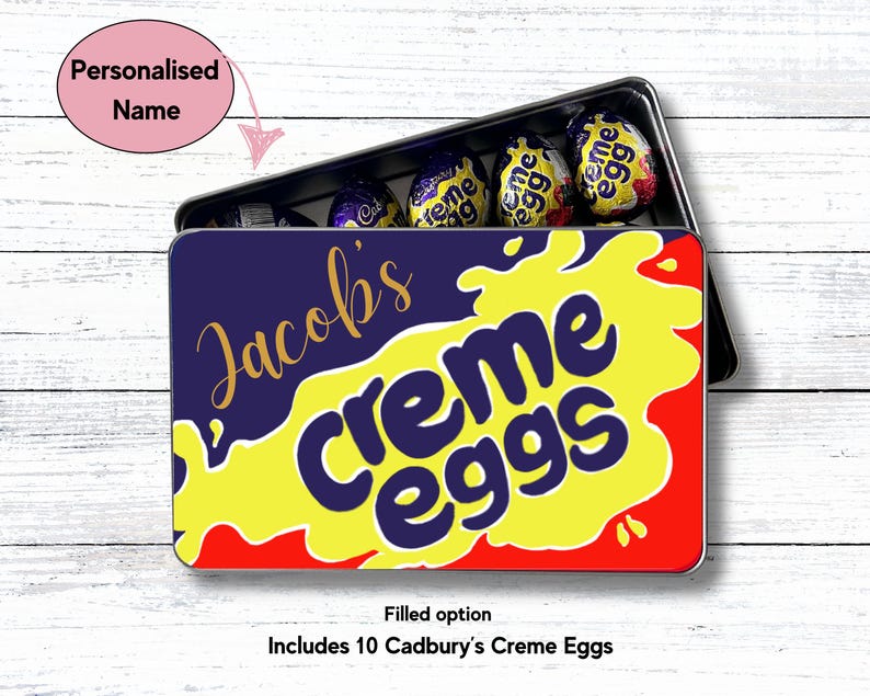 Personalised CREME EGG tin / Birthday /Easter /Valentine/Thinking of you / celebration / Stocking Filler /Secret Santa /Chocolate lover gift Creme Eggs