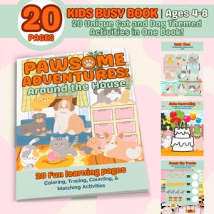 Busy Book Printable for Kids, Cat and Dog Themed Educational Learning Activity Book, Ages 4-8, Homeschool and Quiet Time, Digital Download