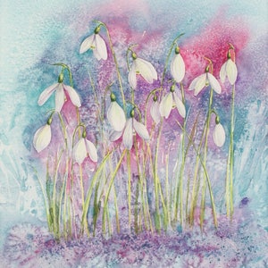 Snowdrops, blank greetings card from an original painting by Ingrid Hill. Blank floral card suitable for any occasion.