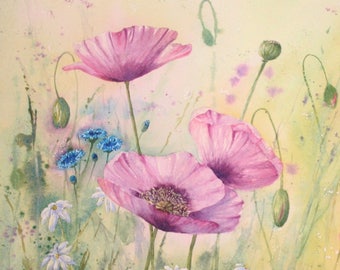 Summer Flowers, greetings card of a painting by Ingrid Hill. Blank card, any occasion, blank greeting card, flower card, poppy card, poppy