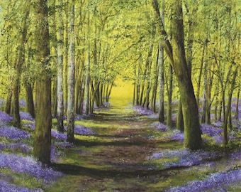 Into the Light, greetings card of an acrylic painting by Ingrid Hill. blank greeting card, bluebells, bluebell woods card, bluebell card