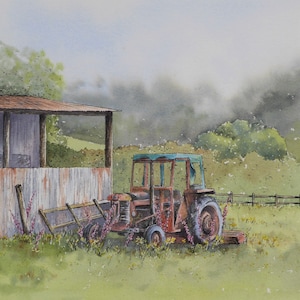 Farmyard Corner, greetings card of an old tractor and barn of a painting by Ingrid Hill. Blank card, tractor card, farm card, country scene