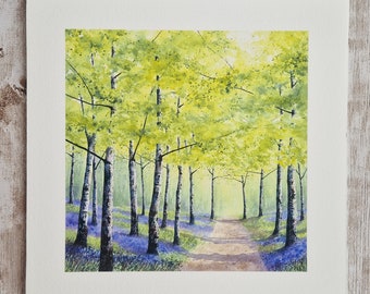 Spring Sunshine - Limited Edition Print. Bluebell wood painting, spring flowers, print from a watercolour & mixed media, woodland path