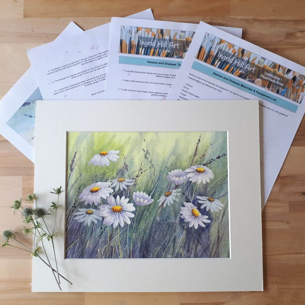 Online workshop - aquarel Madeliefjes & Grassen, kunstles, stap voor stap, cursus, bloemsierkunst