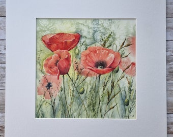 Wild Meadows, giclée print of a watercolour and mixed media painting by Ingrid Hill. Poppy picture, Flower print, Poppy print