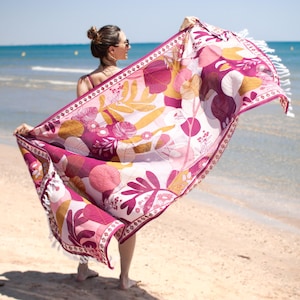 Beach towel 100x200cm Leaves pink
