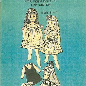 May include: A vintage sewing pattern for making clothes for a teen doll's tiny sister. The pattern includes a dress, a cape, a skirt, a top, and underwear. The pattern is for size 6 1/4 inches.