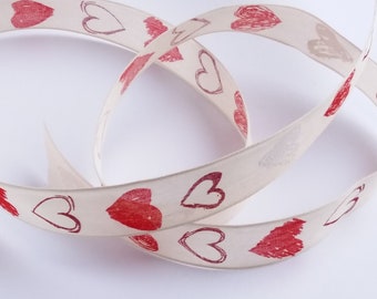 Ribbon with red and white Hearts - 25mm - 1 inch - beige with red Hearts - poetry  album Pattern - 100% Cotton - wired edge