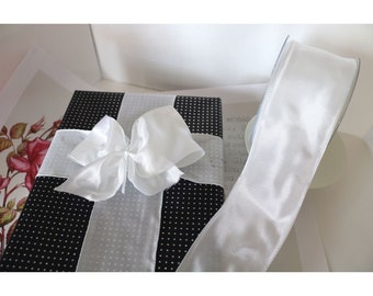 White Taffeta Ribbon, 6 cm wide with wired edges