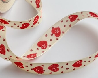 Ribbon  with Hearts and Stars - 25mm - 1 inch - beige with red Hearts and Stars - poetry  album Pattern