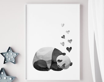 Sleeping Baby Panda Wall Art, Watercolor Panda Print, Nursery Art, Panda Printable, Instant Download, Animal Themed Kids Decor, Grey Hearts