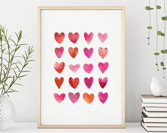 Pink Hearts Print, Minimalism Wall Art, Watercolor Patterns, Printable Love Poster, Watercolor Hearts, Home Decor, Instant Download