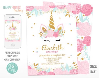 Unicorn Invitation, Magical Unicorn Invite, Unicorn Birthday Party, Pink Gold Unicorn Invitation, Editable Printable, Corjl Template, UE020