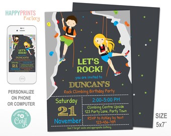 Rock Climbing Party Invitation, Climbing Invitation, Boy and Girl, Climbing Wall Indoor, Editable Invite, Corjl Template, UE027C