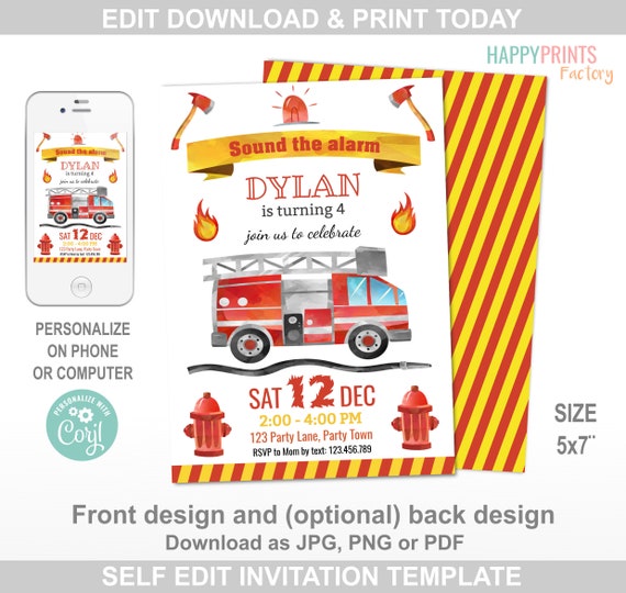 Fire Truck Birthday Party Invitation Firetruck Invitation Etsy