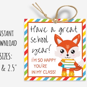 Have a great school year tag, happy you&#39;re in my class tag, first day of school tag, back to school tag, fox books, printable square tag