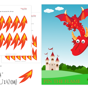 Könnte beinhalten: Ein Posterset mit einer roten Drachenillustration und einem Spiel namens "Pin the Flame". Das Poster enthält auch ein Blatt mit Flammen-Ausschnitten. Die Größen sind 11 x 17 Zoll, 18 x 24 Zoll und A3 (29,7 x 42 cm).