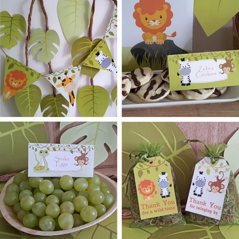 Op de afbeelding: Jungle-thema feestdecoraties met groene bladeren, dierillustraties en een vlaggenlijn. De decoraties omvatten een bord met de tekst "Zebra Cookies", een bord met de tekst "Snake Eggs" en twee bedankkaartjes met de tekst "Bedankt voor een wilde tijd" en "Bedankt voor je bezoek".