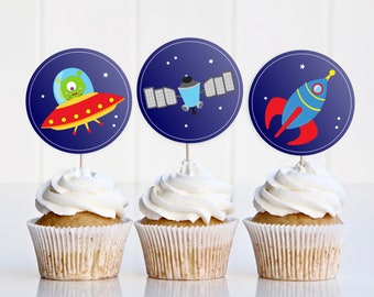 Space Cupcake Toppers, Birthday Tags Space, Outer Space Party Decoration, Printable Tags, Instant Download, UFO, To the Moon, Rocket