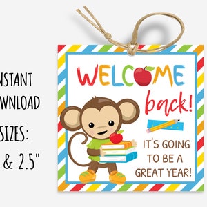welcome back to school tag, first day of school tag, 2 inch square tag, 2.5 inch square tag, printable cookie tag, instant download, monkey