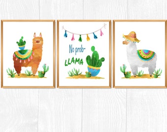 May include: Three framed prints with watercolor illustrations of llamas wearing colorful blankets and hats. The middle print has the text "No prob-LLAMA" in blue and green.