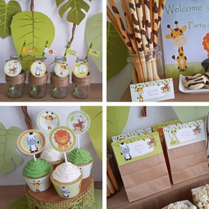Op de afbeelding: Een jungle-thema feesttafel met groene en bruine decoraties. Er zijn cupcakes met dierlijke toppers, giraffenhals snacks en feestzakjes met "Safari Survival Kit" labels.