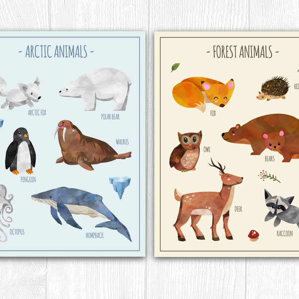 Forest and Arctic Animals Print, Set of 2 Nursery Wall Art, Arctic Printable Poster, Instant Download, Educational Wall Art, Field Guide