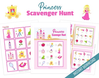 May include: A printable princess scavenger hunt game with a pink and white color scheme. The game includes a list of items to find, such as a crown, a wand, a castle, and a carriage. The game is perfect for a princess-themed party or activity.
