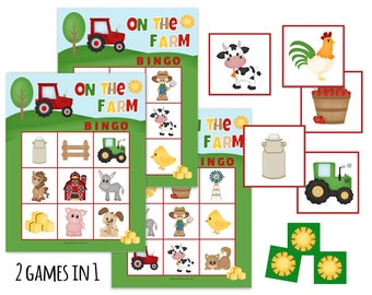 May include: Two printable farm-themed bingo games. The first game features a red tractor, a cow, a chicken, a pig, a dog, a farmer, a fence, a barn, a donkey, and hay bales. The second game features a green tractor, a milk jug, a windmill, a chick, and a cow. The text on the cards reads "On the Farm Bingo".