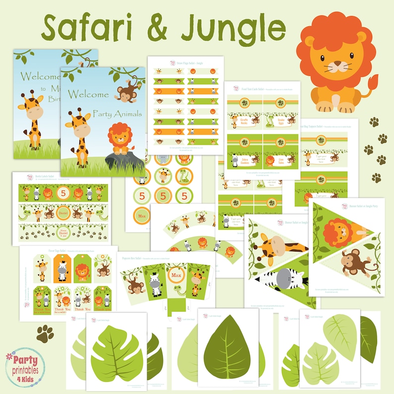 Op de afbeelding: Een set met printbare feestversiering voor een safari- of junglethemafeest. De set bevat uitnodigingen, banners, cupcaketoppers, bedankkaartjes en meer. De versiering heeft een leeuw, giraffe, zebra en aap.