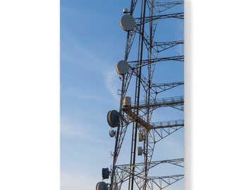 Microwave dish antenna on broadcast tower at sunrise technology acrylic wall art photo print 1272