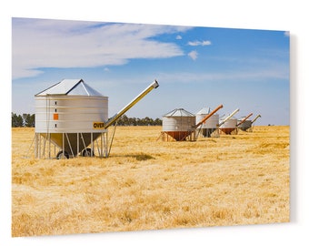 Mobile field bin grain silos in field after harvest - rural agricultural countryside acrylic wall art photo print 3324