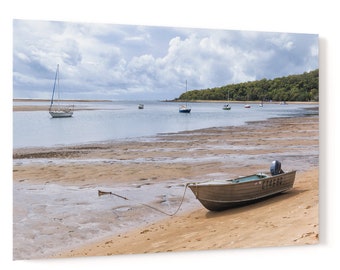 Tinnie dinghy on beach shore at low tide at 1770 acrylic wall art photo print 1481